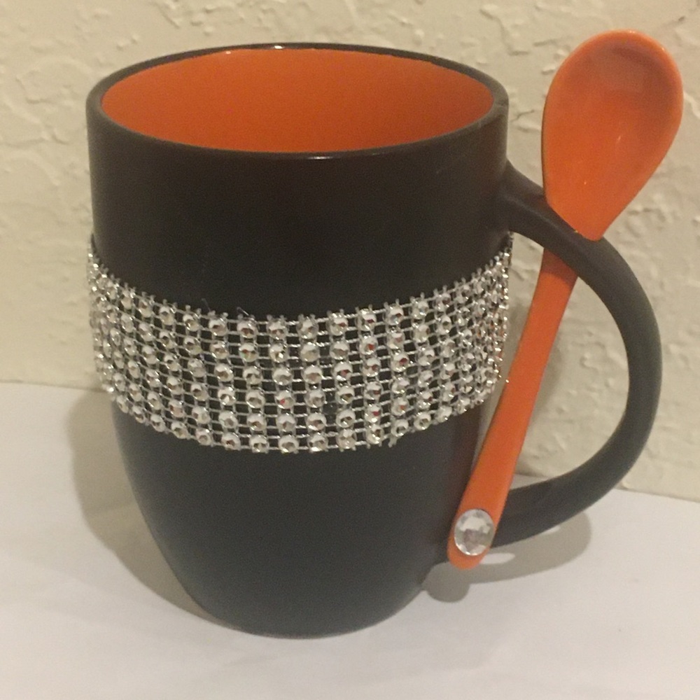 BLING BLK & Orange Ceramic Coffee Mug & Spoon